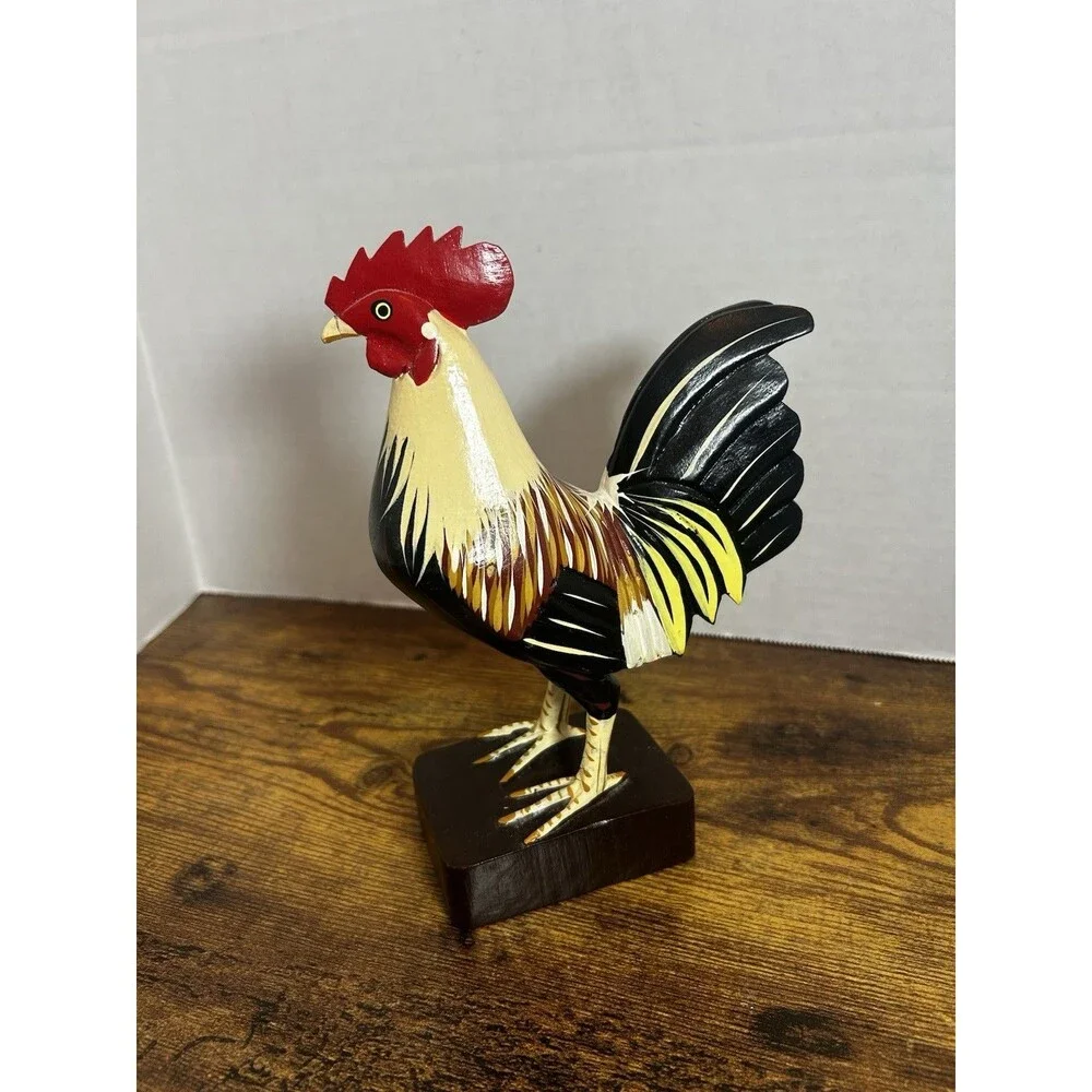 Vintage Hand Carved Wooden Rooster Statue Folk Art Farmhouse Home Decor Display
